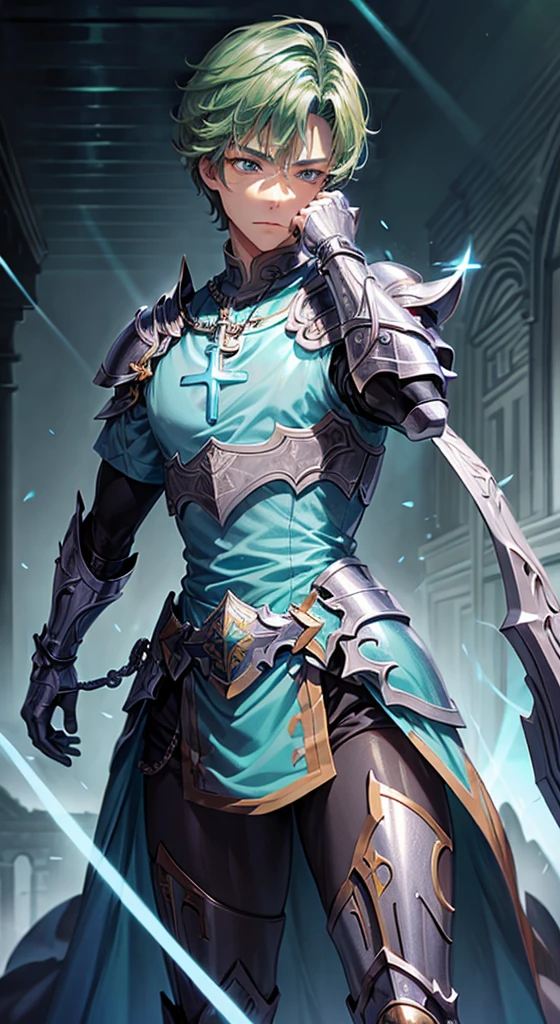 best quality, masterpiece, 1boy, 1man, human, paladin warrior, ([light blue color|deep green color:0.85] short hair), red eyes, (detailed face, detailed eyes), looking to camera, full body, upper body, light armor, illustration, temple background, vibrant colors, sharp focus, powerful presence, luminous lighting, mythical atmosphere, (cross-body stretch:1.5)