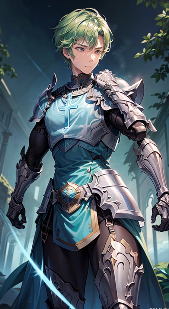 best quality, masterpiece, 1boy, 1man, human, paladin warrior, ([light blue color|deep green color:0.85] short hair), red eyes, (detailed face, detailed eyes), looking to camera, full body, upper body, light armor, illustration, temple background, vibrant colors, sharp focus, powerful presence, luminous lighting, mythical atmosphere, (cross-body stretch:1.5)