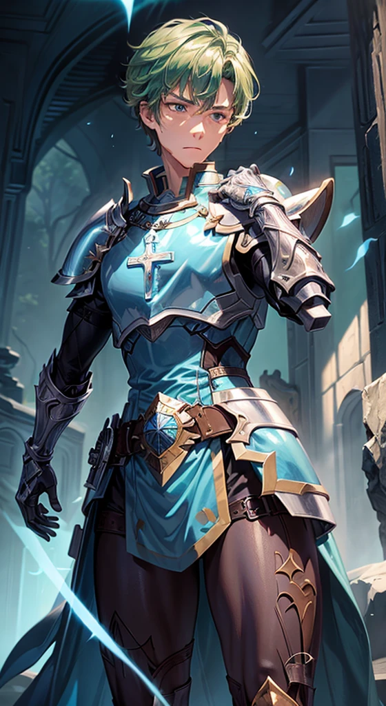 best quality, masterpiece, 1boy, 1man, human, paladin warrior, ([light blue color|deep green color:0.85] short hair), red eyes, (detailed face, detailed eyes), looking to camera, full body, upper body, light armor, illustration, temple background, vibrant colors, sharp focus, powerful presence, luminous lighting, mythical atmosphere, (cross-body stretch:1.5)