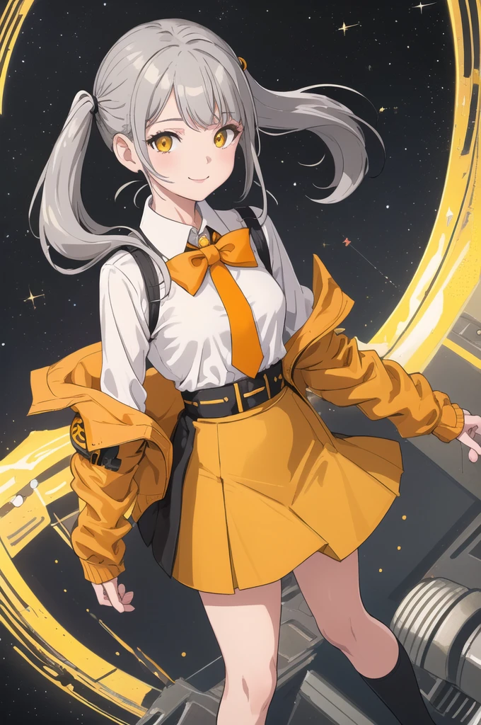 (masterpiece, Highest quality;1.3), Super detailed, View your viewers,One girl, alone, A small smile,
 It is, Grey Hair,  yellow_eye, break,
Orange jacket, White collared shirt, Black tie, Parted bangs, Small breasts,Twin tails,Hair ties, black short pencil skirt,
From above, Space Background,