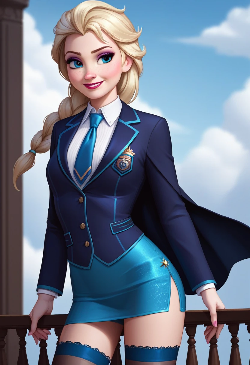 masterpiece,best quality, highly detailed, score_9, score_8_up, score_7_up, score_6_up,source_Anime,BREAK
elsa, 1girl, elsa (frozen), solo, blue eyes, blonde hair, long hair, skirt suit, (((three-piece suit))), (((dress shirt))), (((necktie))), (((blazer))), (((suit jacket))), ((waistcoat)), double-breasted waistcoat, (((bodycon miniskirt))), stockings, pocket square, cufflinks, makeup, freckles, smile, lipstick, single braid,