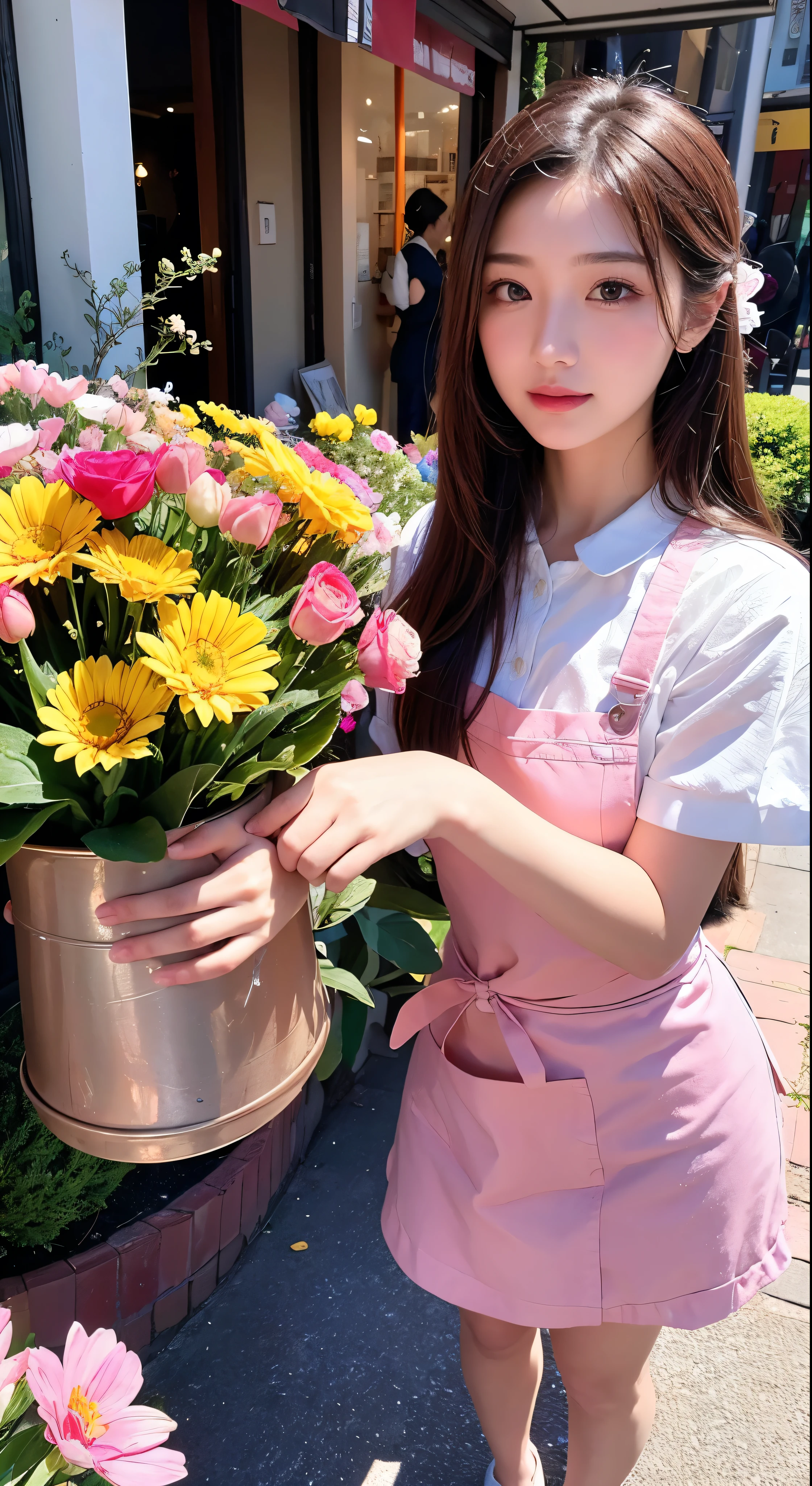 with high definition images，Very delicate and beautiful、Amazing、Fine detailasterpiece、Super detailed、High resolution、Best Images、Facial details，Best Shadow、complicated、Sharp Focus、high quality、1 Beauty、solo、Chestnut Hair。Red eyes, Yellow apron，Florist's storefront, Potted flowers, Flowers for Sale，A beautiful image that makes you feel surrounded by colorful flowers。Full body high quality images