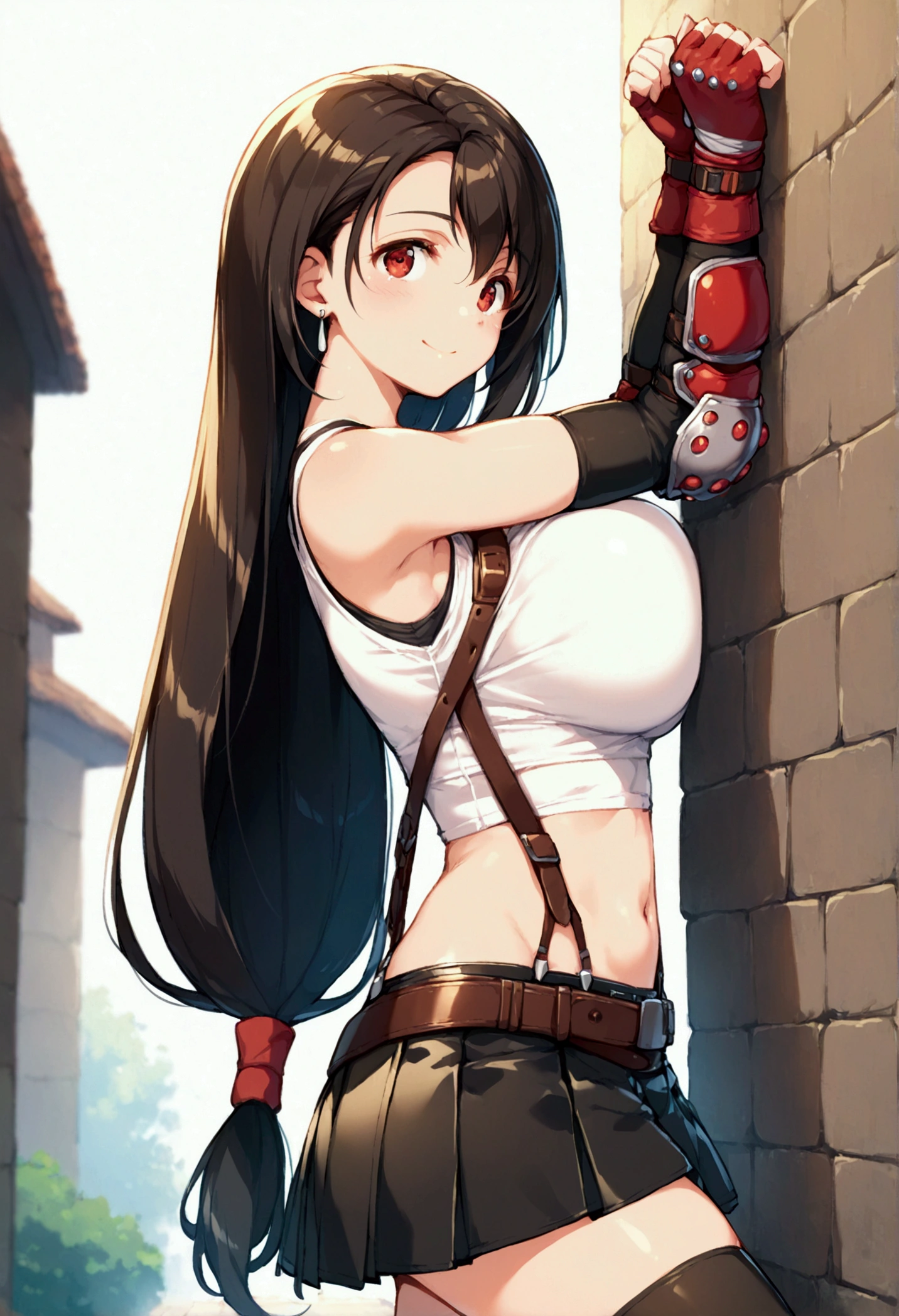 (score_9, score_8_up, score_7_up),,BREAK , ,dynamicangle,,breast side view,breast press,,standing,leaning on wall. upperbody,,Solo ,1girl, tifa lockhart, final fantasy, tareme,black hair, low-tied long hair, red eyes, bangs, (white tank top, belt, pleated skirt, thighhighs, elbow fingerless gloves, elbow pads, midriff, navel,suspender skirt) ,(large_breast),(light smile),daytime,outdoor,(ultra detailed),(best quality),(aesthetic,very aesthetic),UHD,extremely detailed CG unity 8k wallpaper,depth of field,,,detailed face and eyes