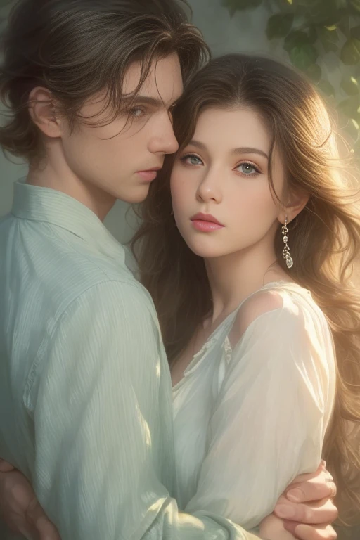 High-quality image of a couple: a blond men (tall, statuesque, handsome, courageous young man with blue eyes, curly golden hair, dressed in a gray antique military uniform) he hugs a woman with a black hair (a fantastically beautiful young femme fatale with long straight black hair, long bangs, she has blackberry eyes, she is a princess, on she has a romantic dress and a tiara). They are in love with each other. The sketches of the "Ideal Anatomy" made by Boris Vallejo are characterized by a high degree of detail. Masterpiece, detailed study of the face, beautiful face, beautiful facial features, perfect image, realistic shots, detailed study of faces, full-length image, 8k, detailed image, extremely detailed illustration, a real masterpiece of the highest quality, with careful drawing.
Watercolor