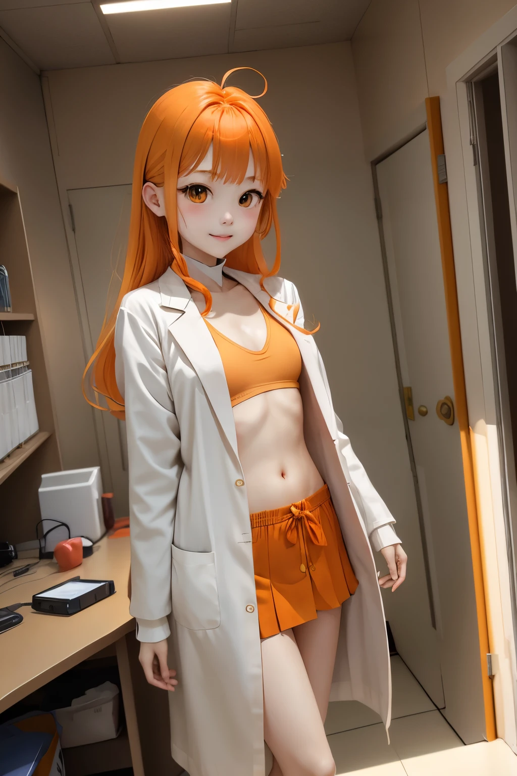 orange color hair、hime-cut、golden eyes 、ssmile、Early teens girl、Smaller chest、thin pubic hair、Open the white scientists coat, laboratory 、server room、Low angles