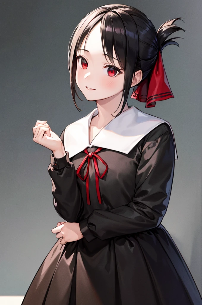 (masterpiece, best quality:1.2), expressive eyes, perfect face, highres,1girl, solo, aakaguya, short hair, folded ponytail, hair ribbon, parted bangs, neck ribbon, red ribbon, black dress, black shirt, long sleeves, black sleeves, schoolyard background, smiling, standing, cowboy shot, looking at the viewer