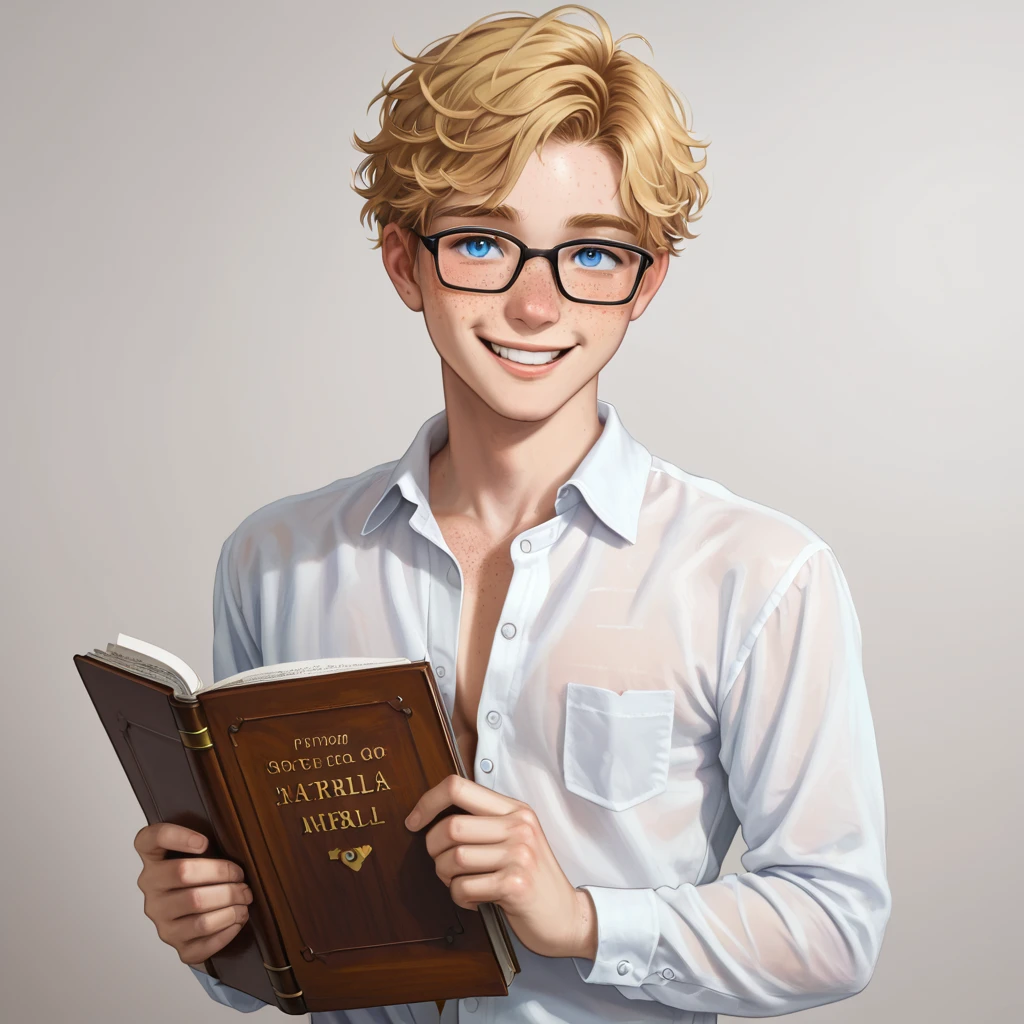 1 boy, solo, twink, younger male, 18 years old, freckles, blue eyes, blonde, glasses, shy smile, white buttoned shirt, holding a bible