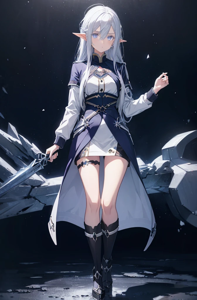 1 girl, silver hair, high elf,blue eyes, ice witch, cold, Ice fragments,Snowflake hair ornament,wallpaper, high contrast, colorful, anime style,whole body,light gray coat,thin legs,slender body,