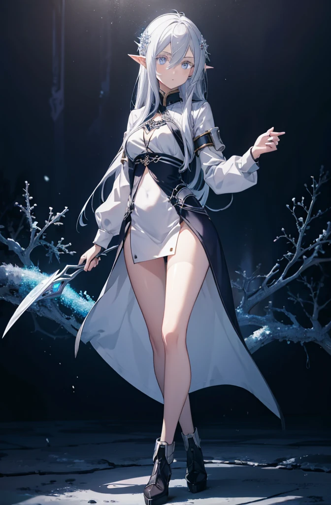 1 girl, silver hair, high elf,blue eyes, ice witch, cold, Ice fragments,Snowflake hair ornament,wallpaper, high contrast, colorful, anime style,whole body,light gray coat,thin legs,slender body,