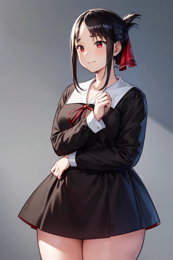 (masterpiece, best quality:1.2), expressive eyes, perfect face, highres,1girl, solo, aakaguya, short hair, folded ponytail, hair ribbon, parted bangs, neck ribbon, red ribbon, black dress, black shirt, long sleeves, black sleeves, schoolyard background, smiling, standing, cowboy shot, looking at the viewer