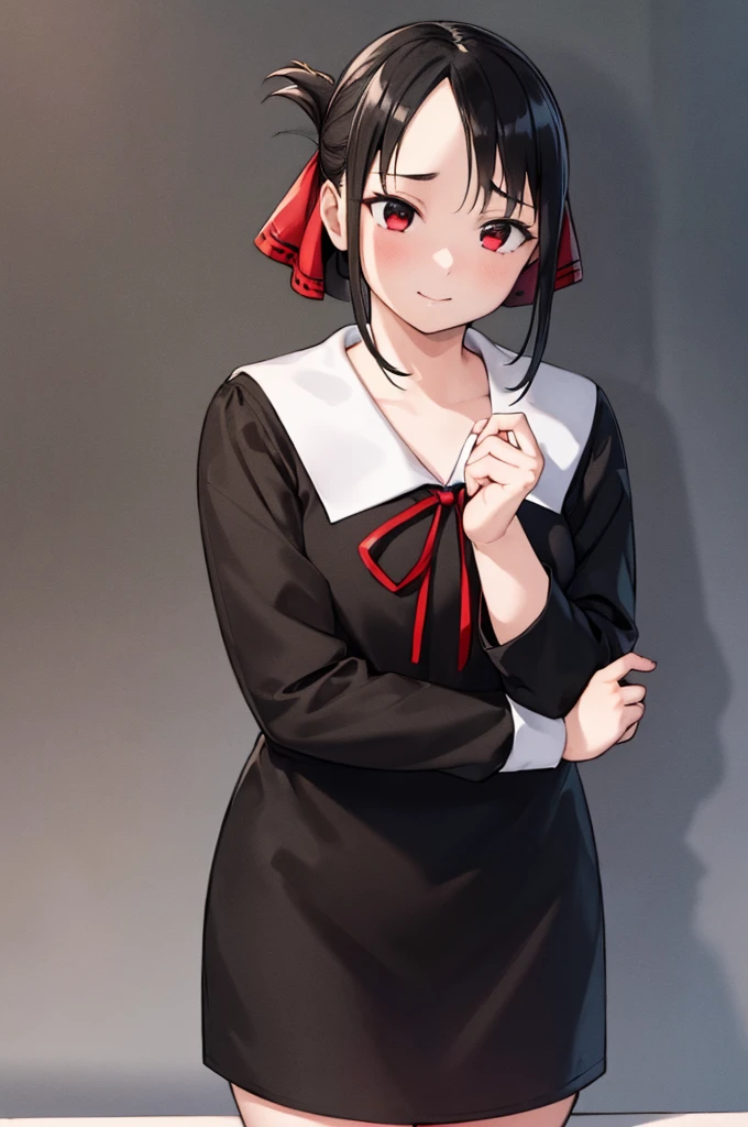 (masterpiece, best quality:1.2), expressive eyes, perfect face, highres,1girl, solo, aakaguya, short hair, folded ponytail, hair ribbon, parted bangs, neck ribbon, red ribbon, black dress, black shirt, long sleeves, black sleeves, schoolyard background, smiling, standing, cowboy shot, looking at the viewer