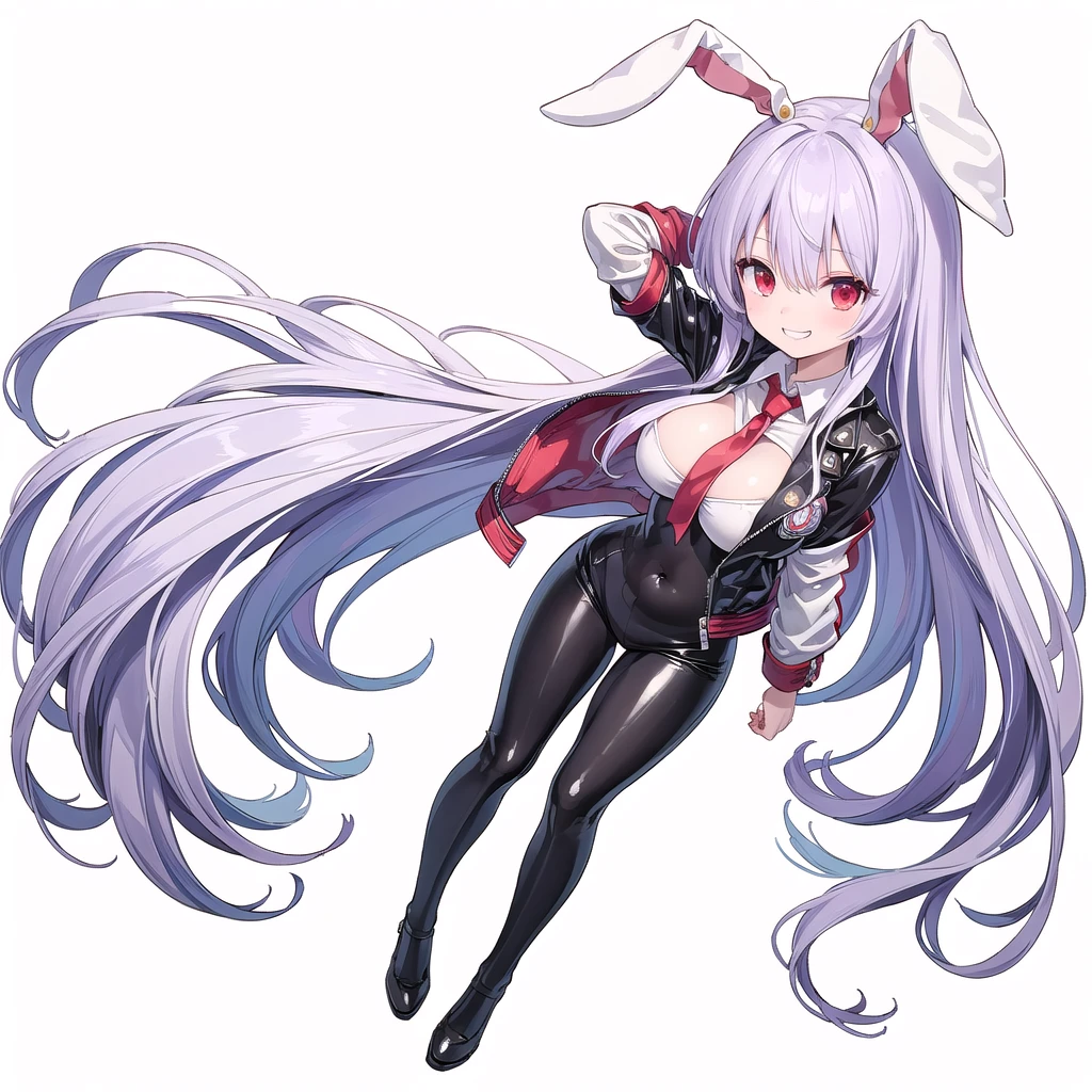 (((high quality))),(((masterpiece))),(((highly detailed))),((illustration style)),(((one girl))),(((reisen udongein inaba))), (touhou),(((red eyes))),rabbit girl,(((rabbit ears))),rabbit tail,(((light purple hair))),(((very long hair)))(((white leather jacket))),(((blue full bodysuit))),((latex)), (shiny clothes:1.2),(((grin))),(((large breasts))),(((full body))),(((arm behind head))),(((model posing))),((((simple white background))),(((Angle from above)))