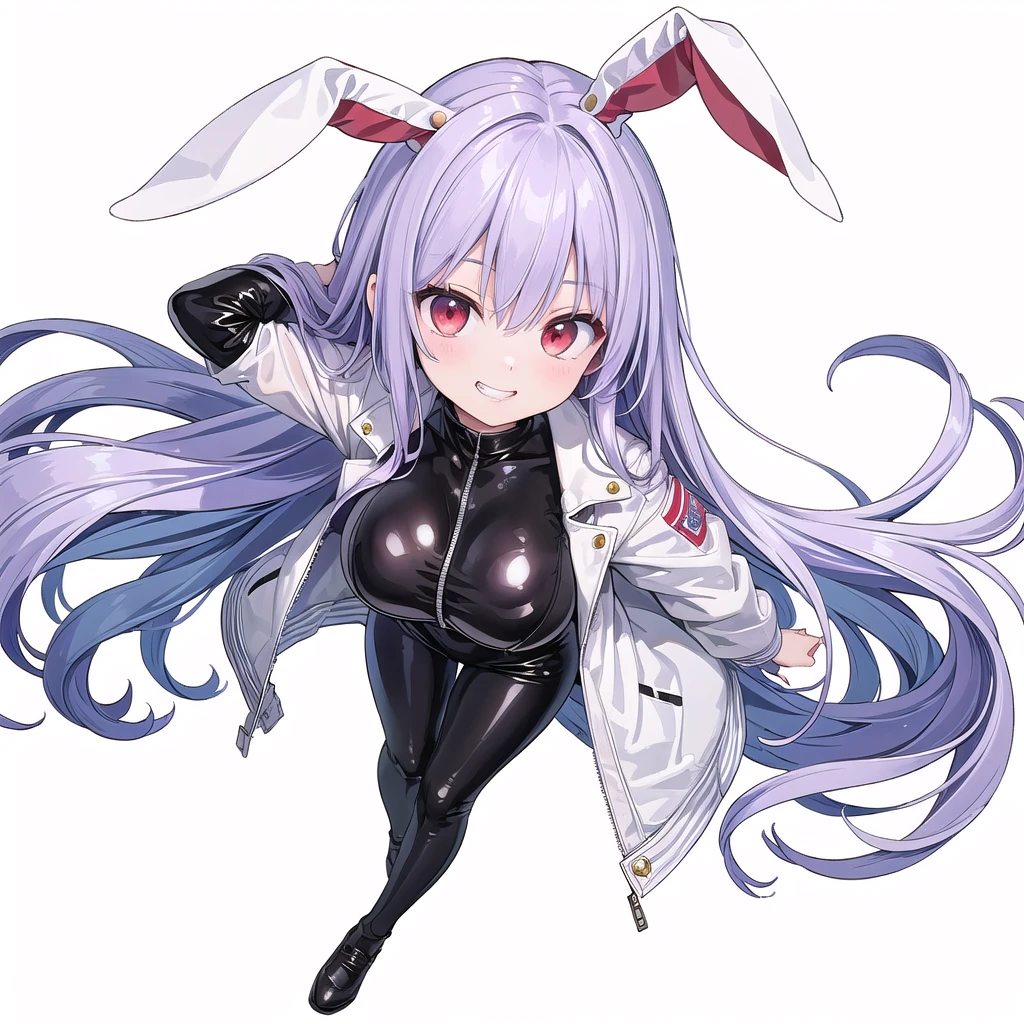 (((high quality))),(((masterpiece))),(((highly detailed))),((illustration style)),(((one girl))),(((reisen udongein inaba))), (touhou),(((red eyes))),rabbit girl,(((rabbit ears))),rabbit tail,(((light purple hair))),(((very long hair)))(((white leather jacket))),(((blue full bodysuit))),((latex)), (shiny clothes:1.2),(((grin))),(((large breasts))),(((full body))),(((arm behind head))),(((model posing))),((((simple white background))),(((Angle from above)))