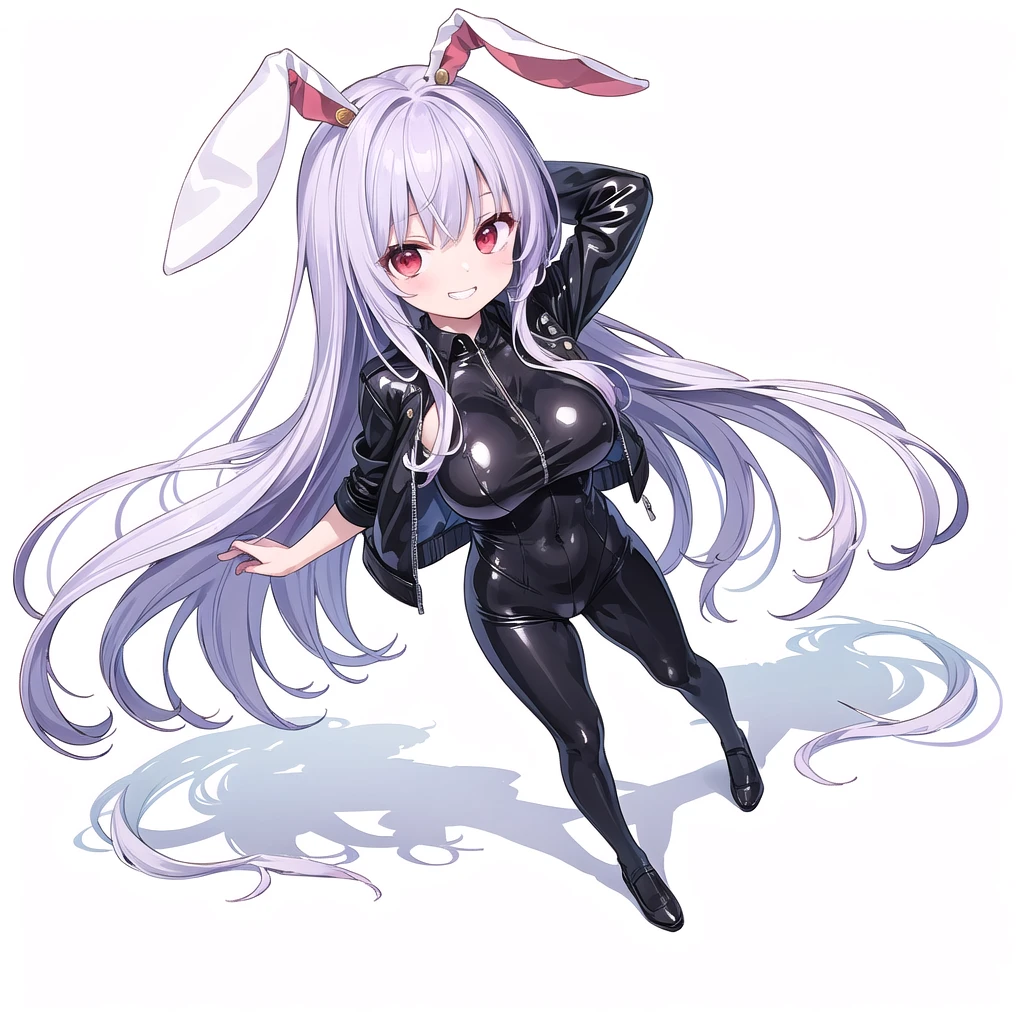 (((high quality))),(((masterpiece))),(((highly detailed))),((illustration style)),(((one girl))),(((reisen udongein inaba))), (touhou),(((red eyes))),rabbit girl,(((rabbit ears))),rabbit tail,(((light purple hair))),(((very long hair)))(((white leather jacket))),(((blue full bodysuit))),((latex)), (shiny clothes:1.2),(((grin))),(((large breasts))),(((full body))),(((arm behind head))),(((model posing))),((((simple white background))),(((Angle from above)))