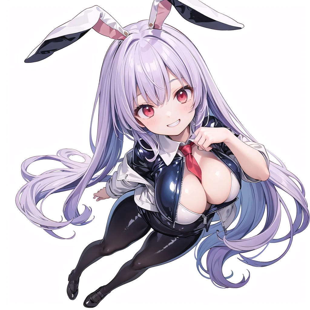 (((high quality))),(((masterpiece))),(((highly detailed))),((illustration style)),(((one girl))),(((reisen udongein inaba))), (touhou),(((red eyes))),rabbit girl,(((rabbit ears))),rabbit tail,(((light purple hair))),(((very long hair)))(((white leather jacket))),(((blue full bodysuit))),((latex)), (shiny clothes:1.2),(((grin))),(((large breasts))),(((full body))),(((arm behind head))),(((model posing))),((((simple white background))),(((Angle from above)))