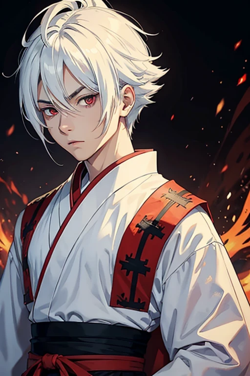 a young man with medium white hair with a penetrating gaze and red eyes wearing traditional Japanese clothing and with his androgynous physical details transformed into a super saiyan 4