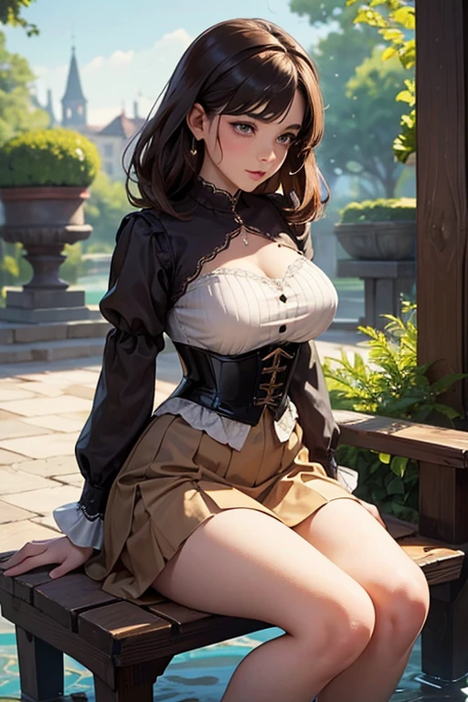 female rogue, dark hair, short hair, 1 girl, medieval costume, best quality, 8k, wallpaper, hyper detailed, hyper realistic, short skirt, skirt lifted, leather boots, leather gloves, corset, bench panties, black robe, panties appearing, realistic, D&D, sitting, front, cameltoe, pantyshot, open legs, legs apart, legs raised, upskirt, RAW,