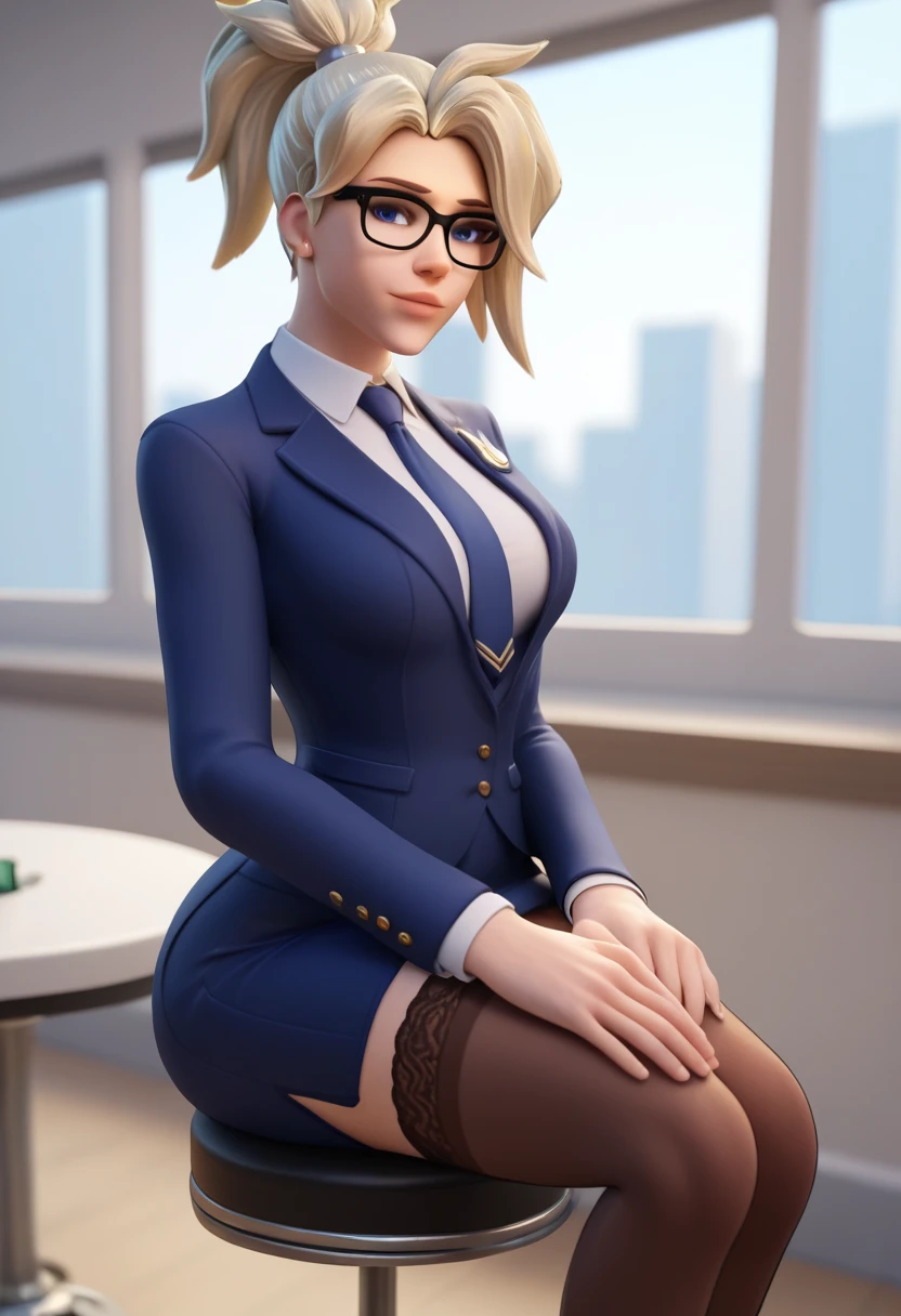 score_9,score_8_up,score_7_up,score_6_up ,source_overwatch 1girl, solo, mercy \(overwatch\), glasses, skirt suit, (((three-piece suit))), (((dress shirt))), (((necktie))), (((blazer))), (((suit jacket))), ((waistcoat)), double-breasted waistcoat, (((bodycon miniskirt))), stockings, pocket square, cufflinks, indoors, sitting, stool, looking at viewer,depth of field, window,