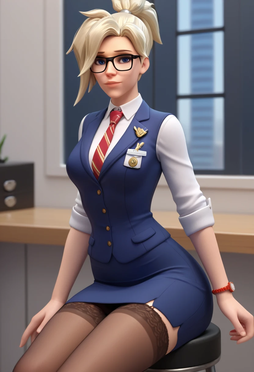 score_9,score_8_up,score_7_up,score_6_up ,source_overwatch 1girl, solo, mercy \(overwatch\), glasses, skirt suit, (((three-piece suit))), (((dress shirt))), (((necktie))), (((blazer))), (((suit jacket))), ((waistcoat)), double-breasted waistcoat, (((bodycon miniskirt))), stockings, pocket square, cufflinks, indoors, sitting, stool, looking at viewer,depth of field, window,