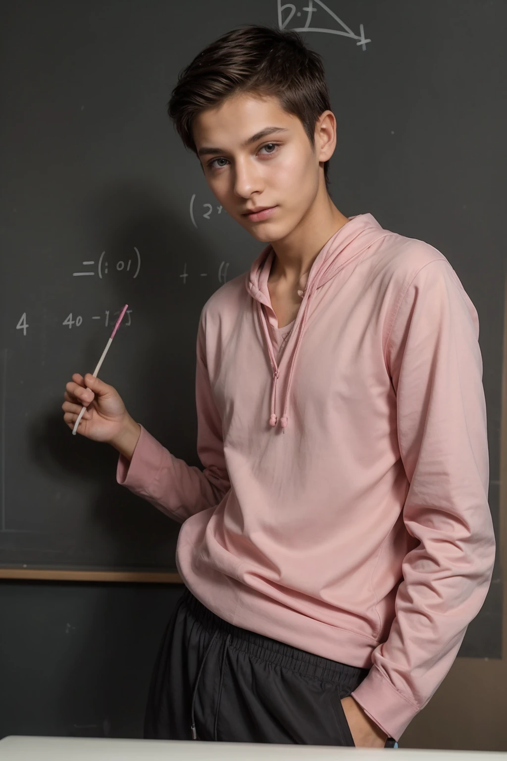 A young male twink with a make-up face and black hair, wearing a long-sleeved pink shirt and aquamarine pants with drawstrings. He is in his office, and behind him is a blackboard with written mathematical equations for calculus and mathematics, and he looks on proudly.