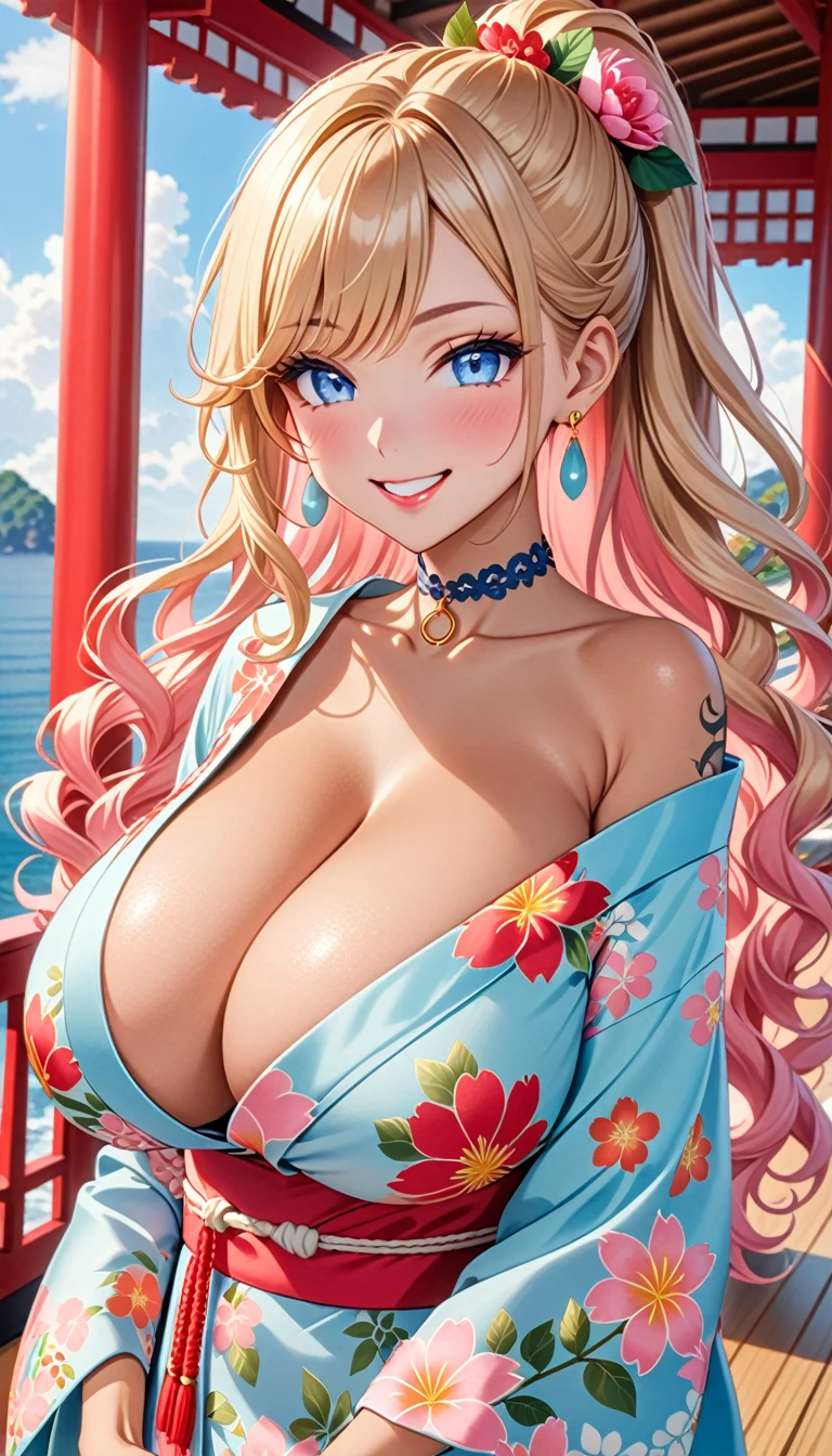 ultra-detailed, ((one girl)), (portrait), (tan skin:1.4), in pastel colors gyaru, (heavy makeup), (professional lighting) hyper detailed, absurdres, 8k, Beautiful Face, (Laugh shyly), ((teasing smile:1.6)), ((happy smile:1.5)),  ((Wink:1.6)), (Laugh with your mouth wide open),((Tilt your face:1.6)), View your viewers, ((Bright red cheeks:1.6)),Glossy shocking pink lips, ((huge breasts:1.6)),  ((undressing:1.2)), ((Her tattoo peeked through her kimono:1.2)), noon, summer, Sea view terrace, ((Anime style background)),masterpiece, Highest quality, (Brighten your face), so beautiful,Latest, Complex details, ((fluorescent pink long nail:1.2)), (ring),(bracelet), (Floral Choker),AI-generated, Complex,High resolution, Highest quality, super high quality,3D Images、3D Images,One person, (blond long hair), (High Ponytail), (wavy hair:1.4), Anime woman posing for a photo, ((Fine grain、blue eyes、glowing eyes:1.4)), (Squint your eyes:1.1),a hyperRealistic , hyperRealistic , Realistic,Anime woman with long honey blonde hair, Smooth anime CG art, A girl in a gorgeous pastel-colored kimono, ((Pastel-colored furisode)),(Pink large floral pattern),  (sideboob), Long flower hair ornament,large gold hoop earrings, Mature Body, tall,Narrow waist, front view,((dutch angle)), (upper body), 