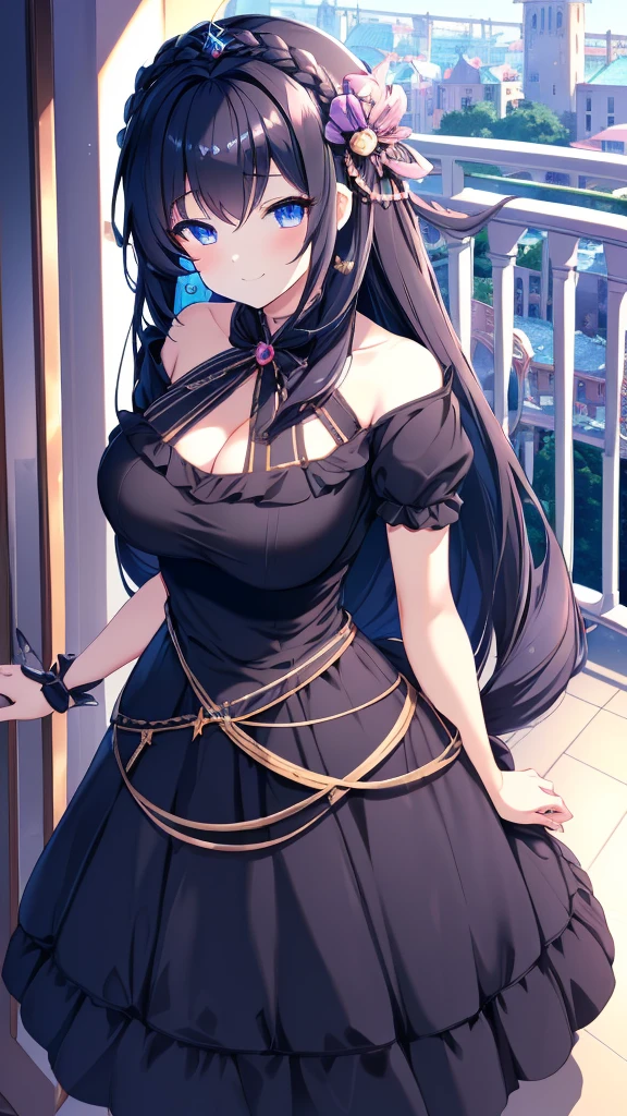 best quality, extremely detailed,anime style girl,long hair down to the waist, straight hair, ((dark black hair with bluish)),braid,beautiful detailed eyes, pinched eyes, (dark blue eyes),huge breasts,curvy,((((western cutie brightly colored princess dress)))),clothing with complex patterns,hair ornament,smile,((((balcony)))),((pov))