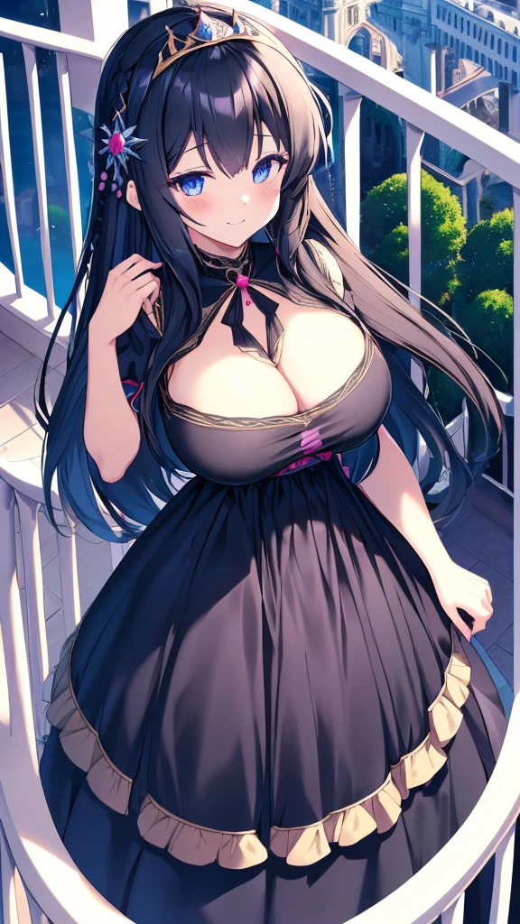 best quality, extremely detailed,anime style girl,long hair down to the waist, straight hair, ((dark black hair with bluish)),braid,beautiful detailed eyes, pinched eyes, (dark blue eyes),huge breasts,curvy,((((western cutie brightly colored princess dress)))),clothing with complex patterns,hair ornament,smile,((((balcony)))),((pov))