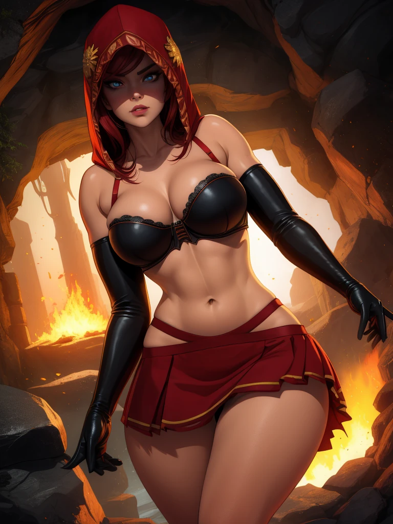 Dsorceress, redhair, shadowy face,dark cave, fire, hood, shadowed face, strapless bra, slim and athletic body, miniskirt, no panty, elbow gloves, dark skin, 1 girl (insanely detailed, masterpiece, best quality)