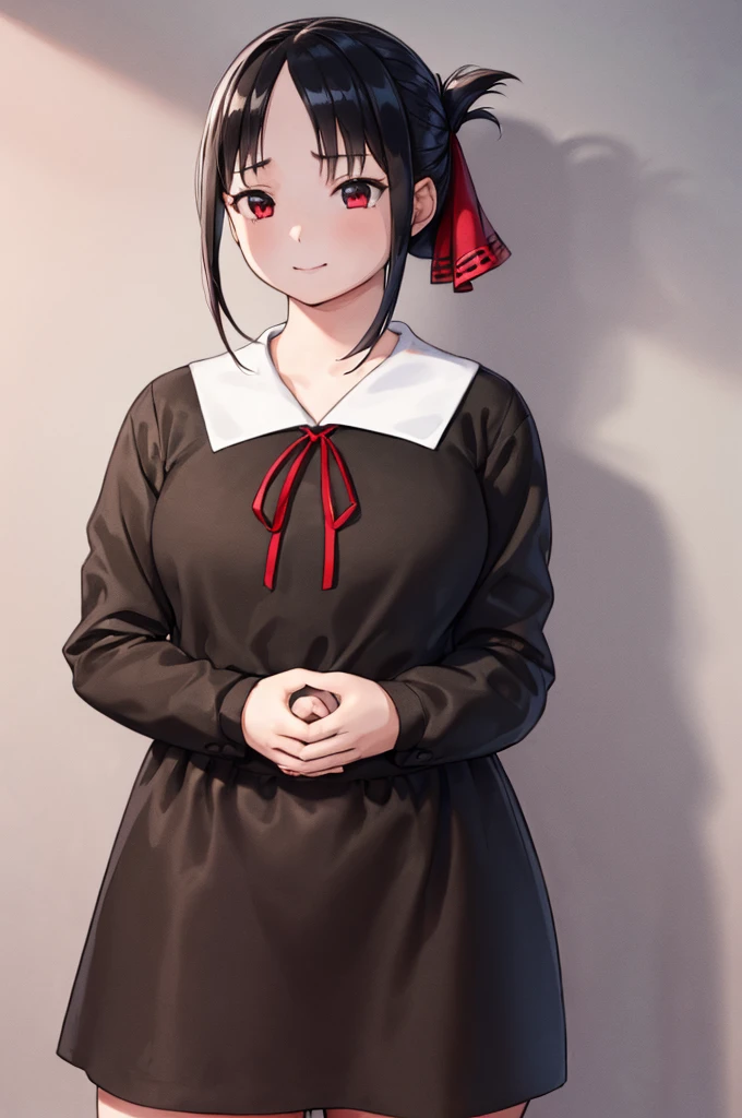(masterpiece, best quality:1.2), expressive eyes, perfect face, highres,1girl, solo, aakaguya, short hair, folded ponytail, hair ribbon, parted bangs, neck ribbon, red ribbon, black dress, black shirt, long sleeves, black sleeves, schoolyard background, smiling, standing, cowboy shot, looking at the viewer