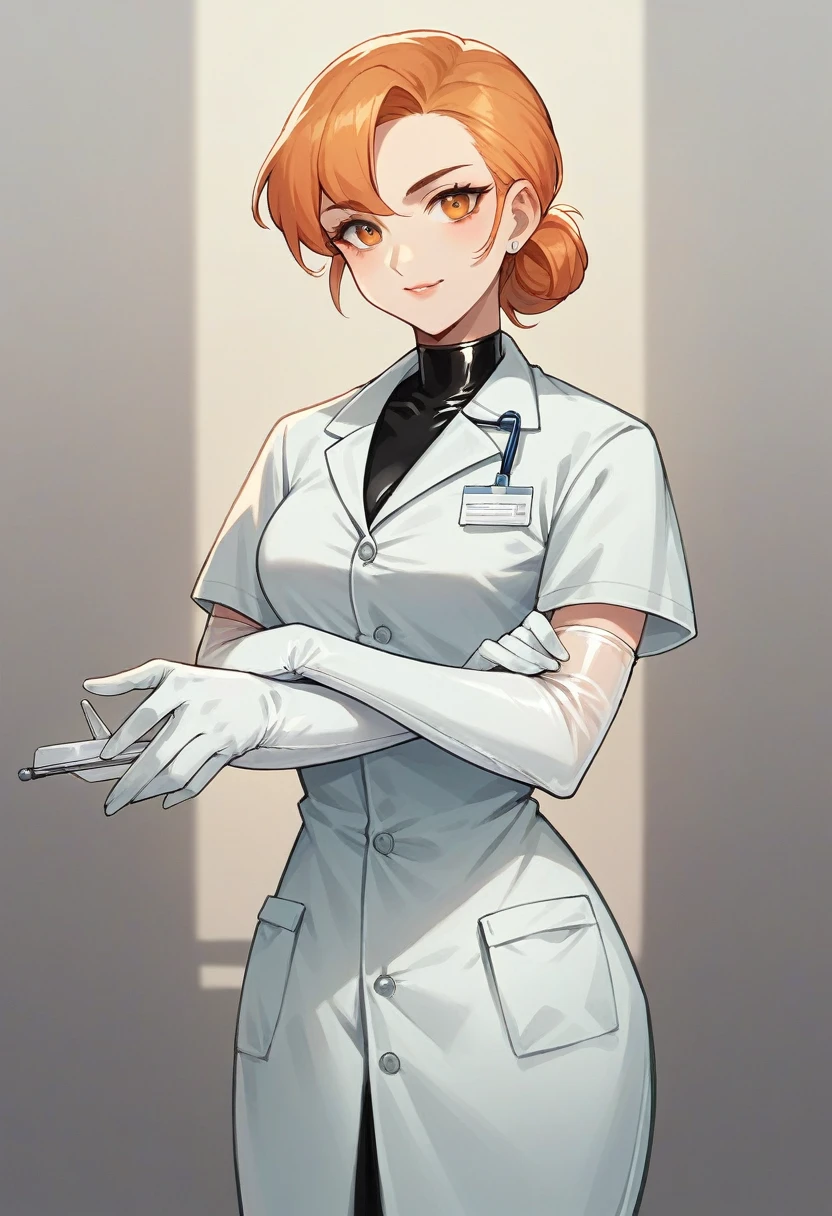 1girl, ((white elbow gloves)), ((surgical gloves)), ((latex gloves)), ((long sleeves)) ((orange surgeon outfit)), looking at viewer, ((doctor outfit)), standing, solo