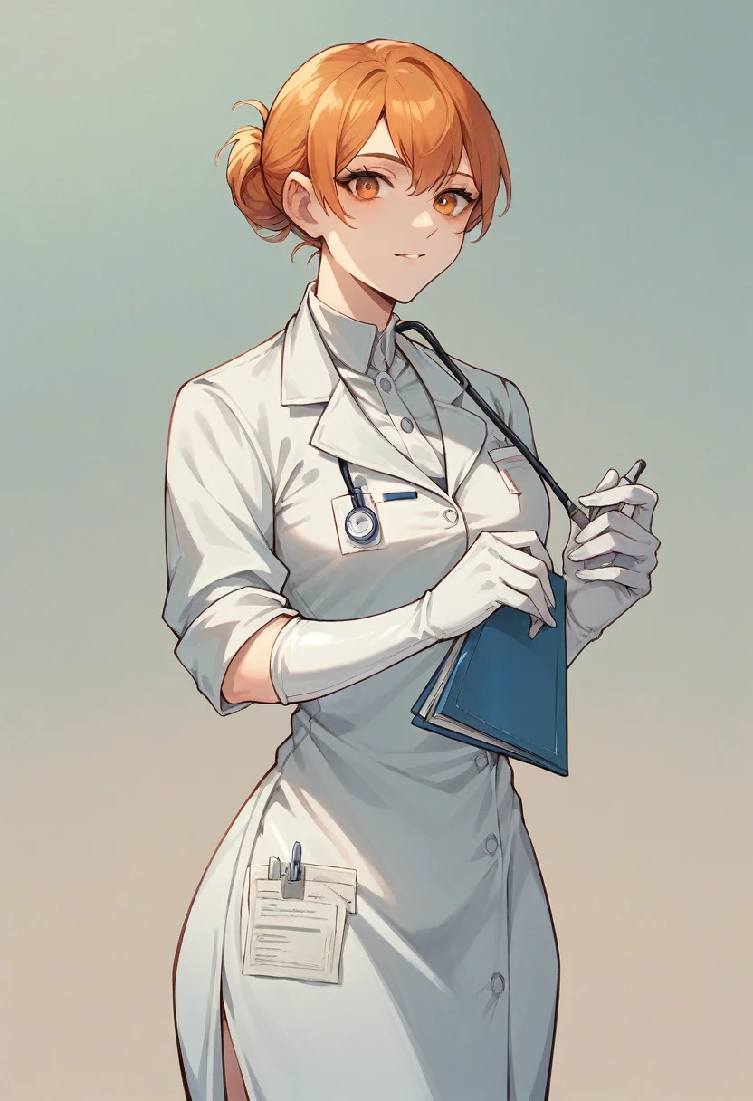 1girl, ((white elbow gloves)), ((surgical gloves)), ((latex gloves)), ((long sleeves)) ((orange surgeon outfit)), looking at viewer, ((doctor outfit)), standing, solo
