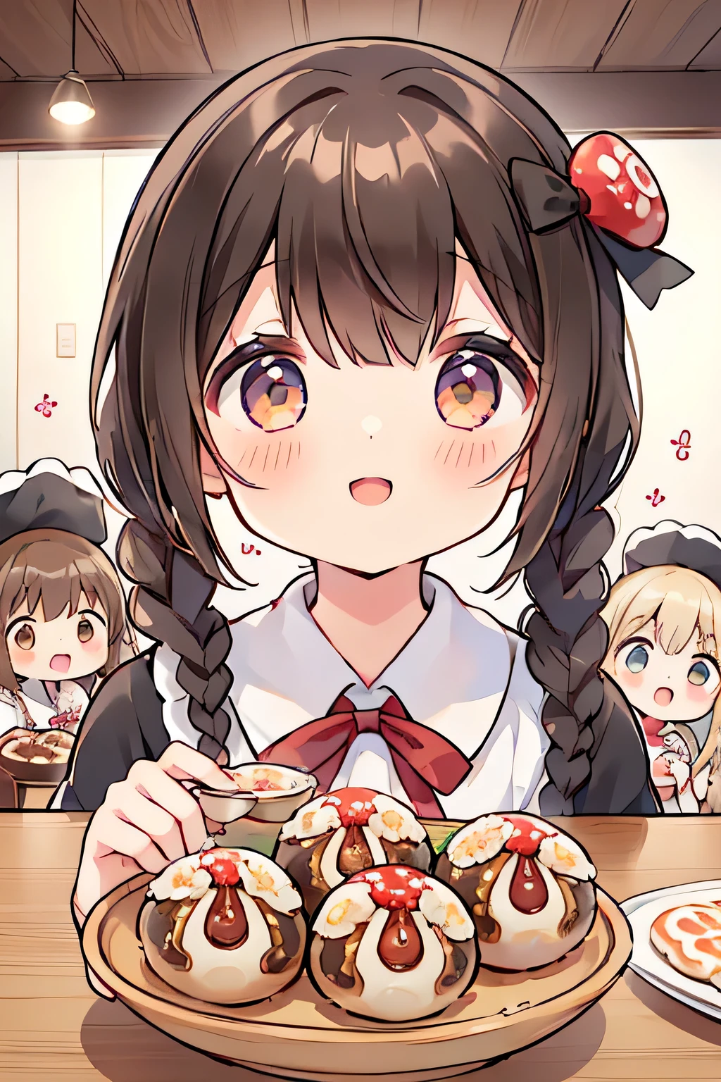 Highest quality、High resolution、Detailed Background、(Beautiful face in every detail:1.4)、Anatomically correct、(Normal number of fingers:1.2)、(Detailed facial expressions)、Teenage beauty、Highly detailed face、Brown Hair、Black Hair、Braided Ponytail、Braided bob cut、Cute hairstyle、In a joking manner、A fun atmosphere、A big smile、smile、cute gesture、
(Girls enjoying takoyaki with friends at home:1.5)、
I feel excited and happy.、Enjoying takoyaki with friends、
A lively house after school、My friends came together、Let's all start preparing、
Put the takoyaki maker on the table、Choose your favorite ingredients、While talking happily、Let's all bake together、
Tomato Onion Bell pepper、Chiu, Mentaiko, Cheese、Second-rate々And the takoyaki is complete.、「delicious!」"、Add your favorite sauce、Let's all smile and stuff our cheeks、As the conversation flows、A fun time flows、cute