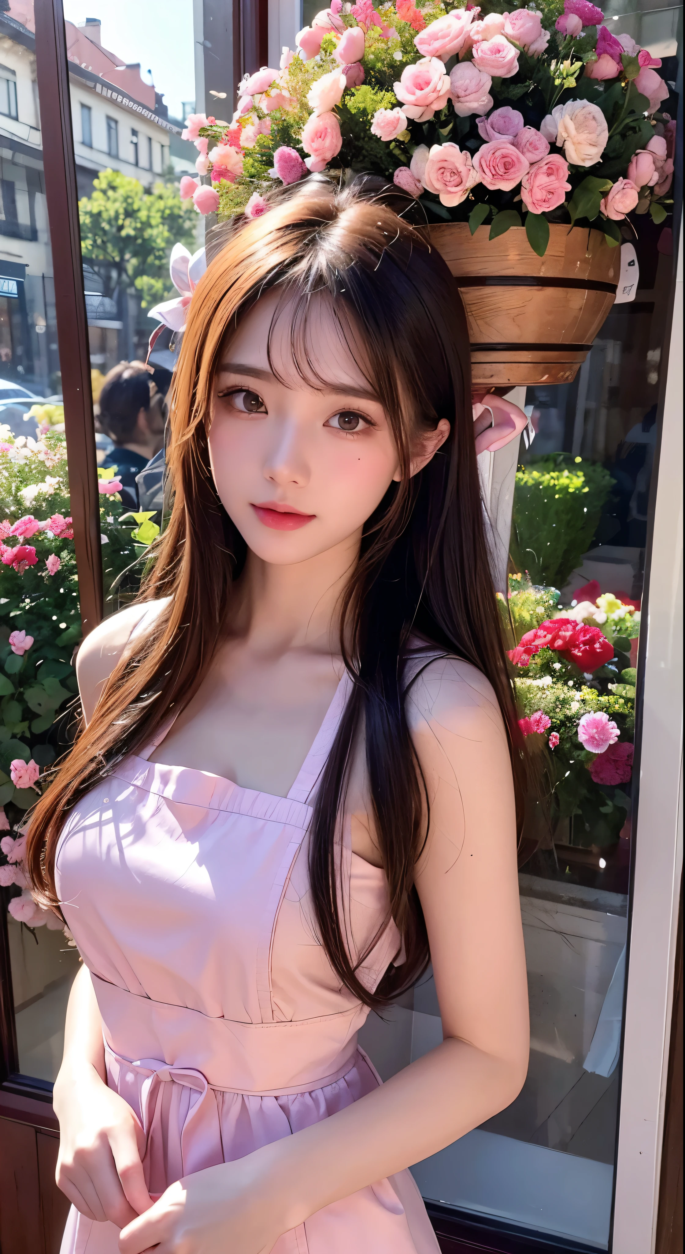 with high definition images，Very delicate and beautiful、Amazing、Fine detailasterpiece、Super detailed、High resolution、Best illustrations、Best Shadow、complicated、Sharp Focus、high quality、1 Beauty、solo、Chestnut Hair。Red eyes, Florist's storefront, Potted flowers, Flowers for Sale，Beautiful image of feeling surrounded by flowers