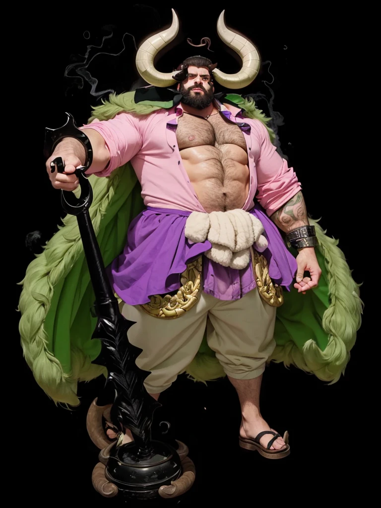 A big strong man, big curly hair, with bull horns on his head, with beard, pink shirt, short verde, furry green coat, a pot in the right hand.