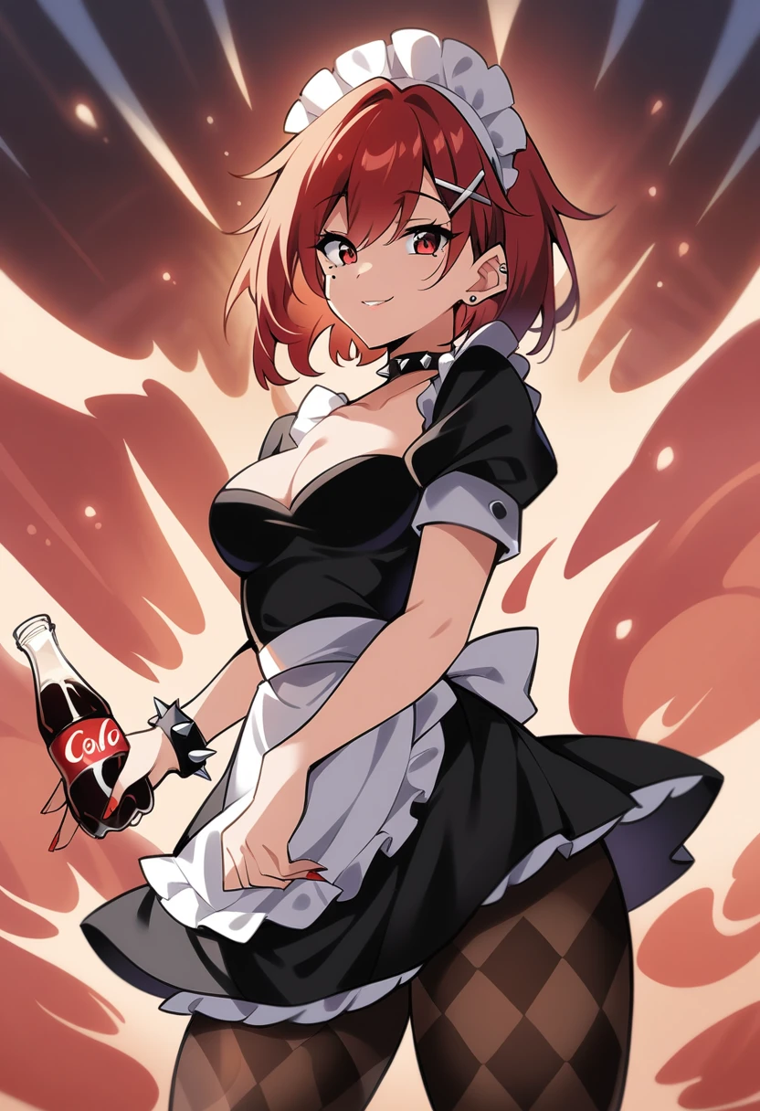 (Animated art style:0.5), 2D, Masterpiece, Best Quality, very aesthetic, absurdities, DYNAMIC SHADOWS, atmospheric, ellen_Joseph, genshin impact, (1 girl), (Alone), (black fur), short hair, red locks, Red eyes, decolaed eyes, mole under the eye, hair between the eyes, hits, medium breasts, curvy body, make up, cola, fish cola, black pantyhose, rhombus pattern pantyhose, Spiked choker, spiked bracelet, spiked headdress, x hair ornament, ear piercing, red nail polish, maid, maid headress, White apron, black dress, puffy short sleeves, covered clavicle, black heels, split skirt, (sexy smile), (cowboy shot), hands on one's chest, (legs open), looking at the viewer, (White background), (simple background)