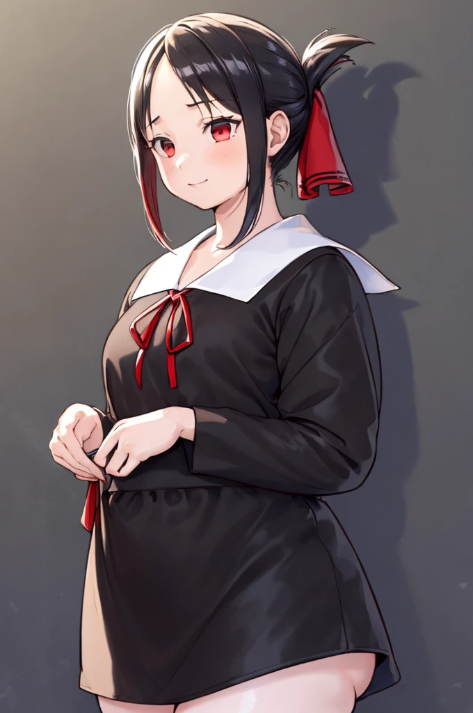 (masterpiece, best quality:1.2), expressive eyes, perfect face, highres,1girl, solo, aakaguya, short hair, folded ponytail, hair ribbon, parted bangs, neck ribbon, red ribbon, black dress, black shirt, long sleeves, black sleeves, schoolyard background, smiling, standing, cowboy shot, looking at the viewer