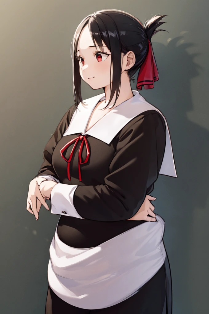 (masterpiece, best quality:1.2), expressive eyes, perfect face, highres,1girl, solo, aakaguya, short hair, folded ponytail, hair ribbon, parted bangs, neck ribbon, red ribbon, black dress, black shirt, long sleeves, black sleeves, schoolyard background, smiling, standing, cowboy shot, looking at the viewer