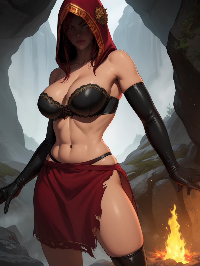 Dsorceress, redhair, shadowy face,dark cave, fire, hood, shadowed face, strapless bra, slim and athletic body, miniskirt, no panty, elbow gloves, dark skin, 1 girl (insanely detailed, masterpiece, best quality)
