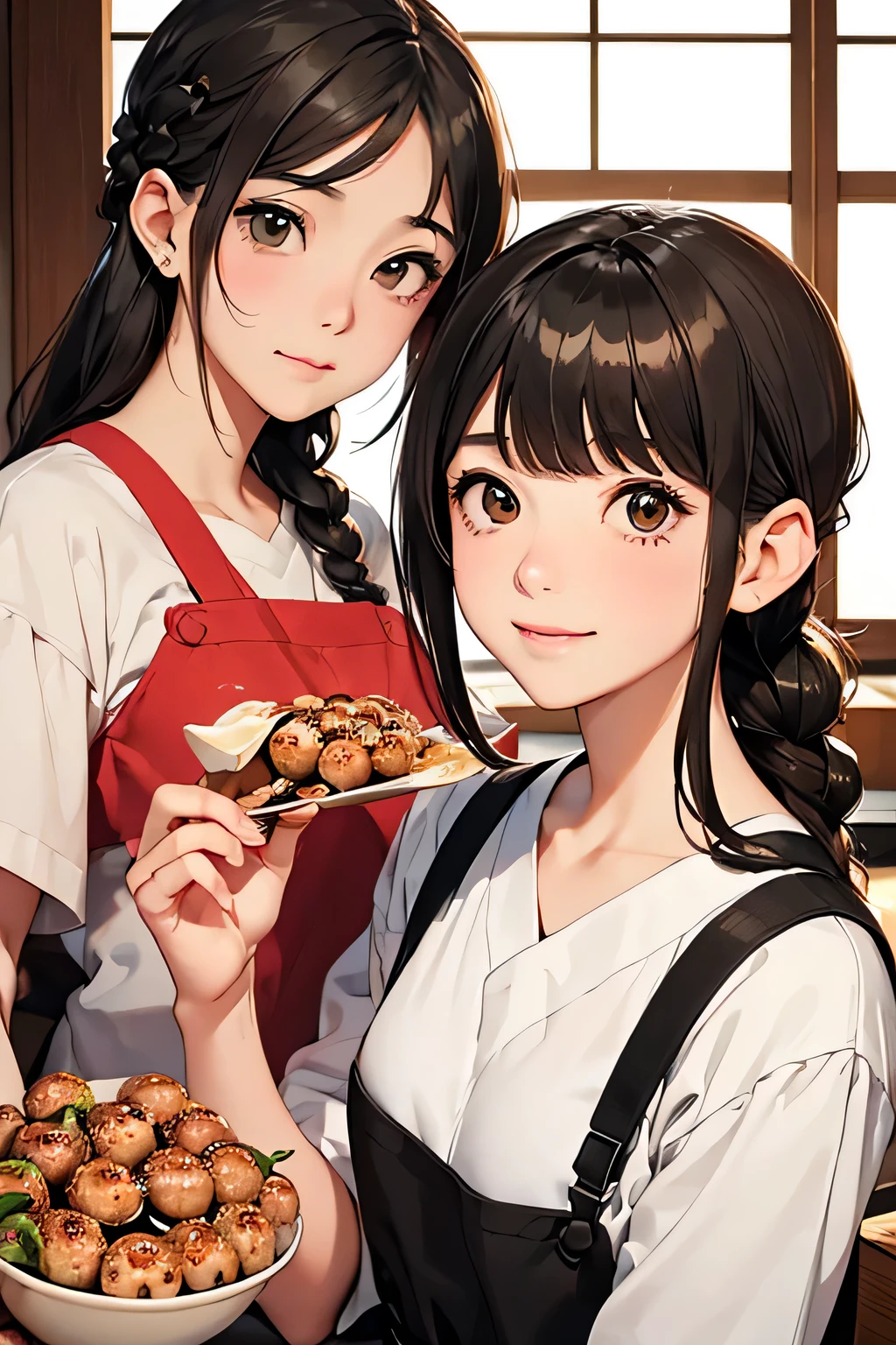Highest quality、High resolution、Detailed Background、(Beautiful face in every detail:1.4)、Anatomically correct、(Normal number of fingers:1.2)、(Detailed facial expressions)、age beauty、Highly detailed face、Brown Hair、Black Hair、Braided Ponytail、Braided bob cut、Cute hairstyle、In a joking manner、A fun atmosphere、A big smile、smile、cute gesture、
(Girls enjoying takoyaki with friends at home:1.5)、
I feel excited and happy.、Enjoying takoyaki with friends、
A lively house after school、My friends came together、Let's all start preparing、
Put the takoyaki maker on the table、Choose your favorite ingredients、While talking happily、Let's all bake together、
Tomato Onion Bell pepper、Chiu, Mentaiko, Cheese、Second-rate々And the takoyaki is complete.、「delicious!」"、Add your favorite sauce、Let's all smile and stuff our cheeks、As the conversation flows、A fun time flows、cute