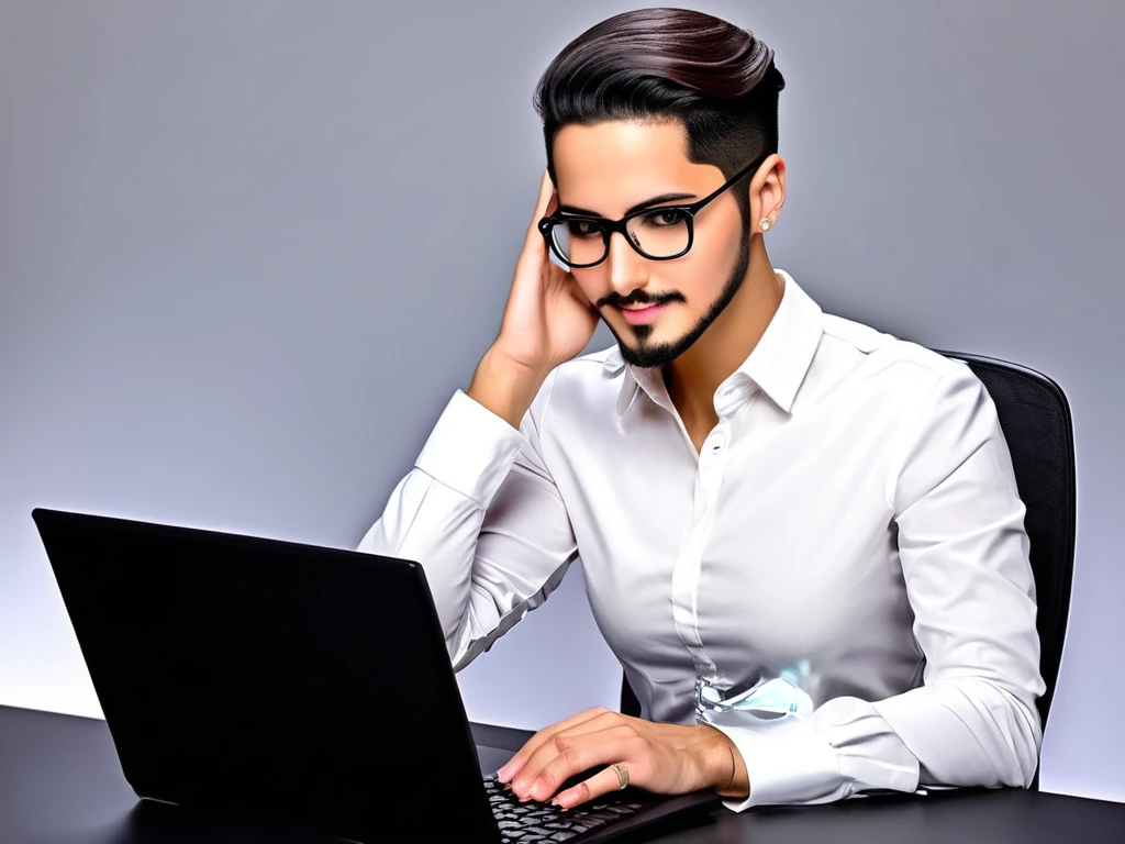brunette programmer with short beard, glasses, blackw, AND VERY SHORT HAIR, Using the computer