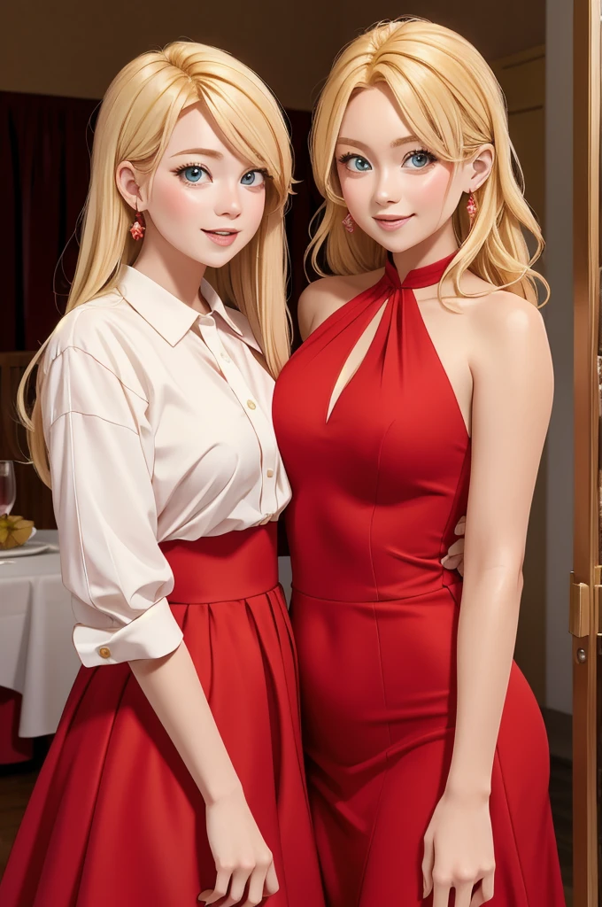 (masterpiece, best quality), two womans, blonde hair, red dress,, cute face, blush,