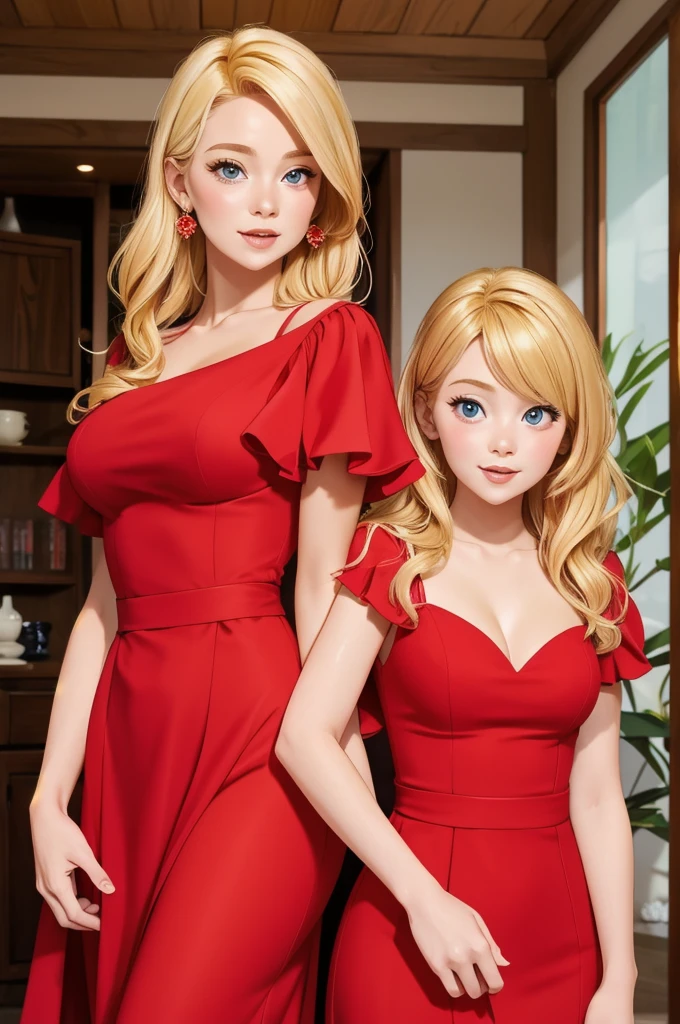 (masterpiece, best quality), two womans, blonde hair, red dress,, cute face, blush,