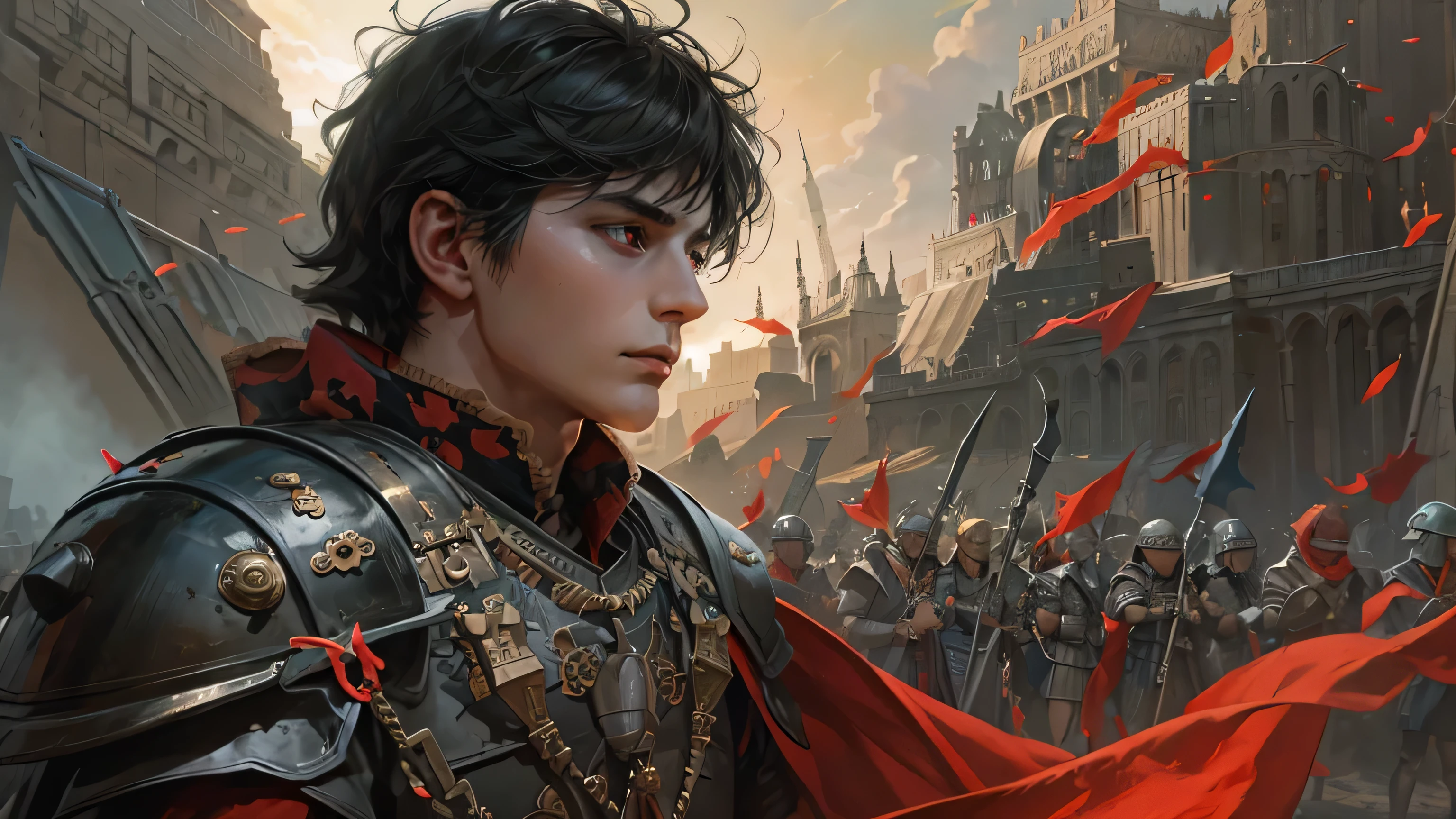 ((A young, attractive adult male mage with short black hair, pale skin, red eyes, and no beard, wearing ornate black fantasy armor, contemplating his disciplined army of Roman legionnaires in ancient battle formation in a fantasy landscape)) [The image depicts a powerful and charismatic young mage, with an attractive, adult appearance. He has short, dark hair, pale skin, and striking red eyes, without a beard. This handsome mage is clad in a sleek, ornate black fantasy armor, as he stands contemplating his well-disciplined army of Roman legionnaires arranged in an ancient battle formation before him. The legionnaires are outfitted in authentic-looking Roman armor and uniforms, their disciplined ranks conveying a sense of military might and historical accuracy. The background sets the scene in a fantastical landscape, with dramatic skies and a sense of epic, timeless grandeur, rather than a modern urban setting. The contrast between the mage’s youthful, striking features and the imposing, battle-ready legionnaires creates a sense of the mage’s authority and magical prowess over his ancient Roman forces. His gaze is focused and determined, hinting at the strategic mind and arcane abilities that command this formidable legion. Overall, the image presents a captivating portrait of a young, alluring mage leading his Roman troops in a fantasy realm, radiating a aura of power, leadership and historical authenticity.]