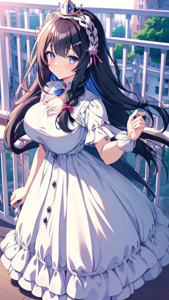 best quality, extremely detailed,anime style girl,long hair down to the waist, straight hair, ((dark black hair with bluish)),braid,beautiful detailed eyes, pinched eyes, (dark blue eyes),huge breasts,curvy,((((white main western cutie brightly colored princess dress)))),clothing with complex patterns,hair ornament,smile,((((balcony)))),((pov))