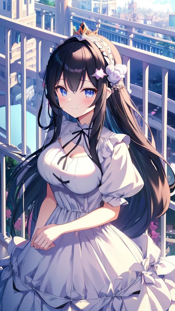 best quality, extremely detailed,anime style girl,long hair down to the waist, straight hair, ((dark black hair with bluish)),braid,beautiful detailed eyes, pinched eyes, (dark blue eyes),huge breasts,curvy,((((white main western cutie brightly colored princess dress)))),clothing with complex patterns,hair ornament,smile,((((balcony)))),((pov))