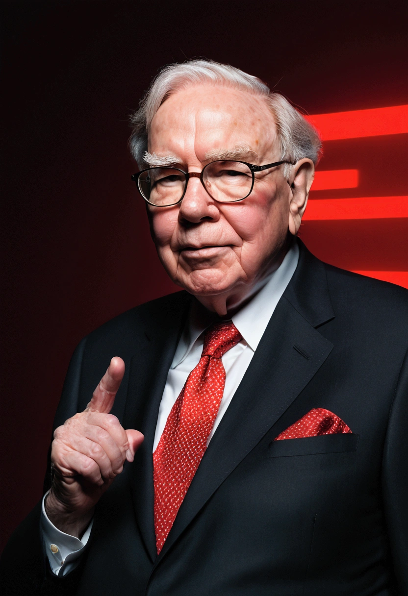 Warren Buffett is front-facing, with a serious and intense expression, making a gesture of silence (index finger to lips). He is illuminated by a striking red neon light that casts dramatic shadows, creating a powerful and mysterious atmosphere. The neon light not only outlines his silhouette, but also adds a sense of intrigue and urgency. The background is dark, further emphasizing the vivid red glow and Warren Buffett's authoritative presence.