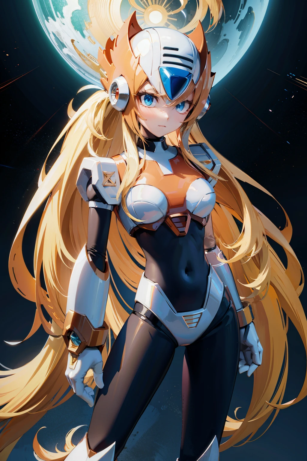 (anime style),(pretty and clearly image,masterpiece,cg,best quality,highres, extremely beautiful and delicate,good anatomy:1.3 ),(detailed eyes),perfect face,powerful,manly,1boy,zero_megamanx, blue eyes, blonde hair, ponytail, very long hair, long hair, helmet, android, male focus, full body, facing viewer, dynamic pose,science fiction, impacted,dramatic,detailed background