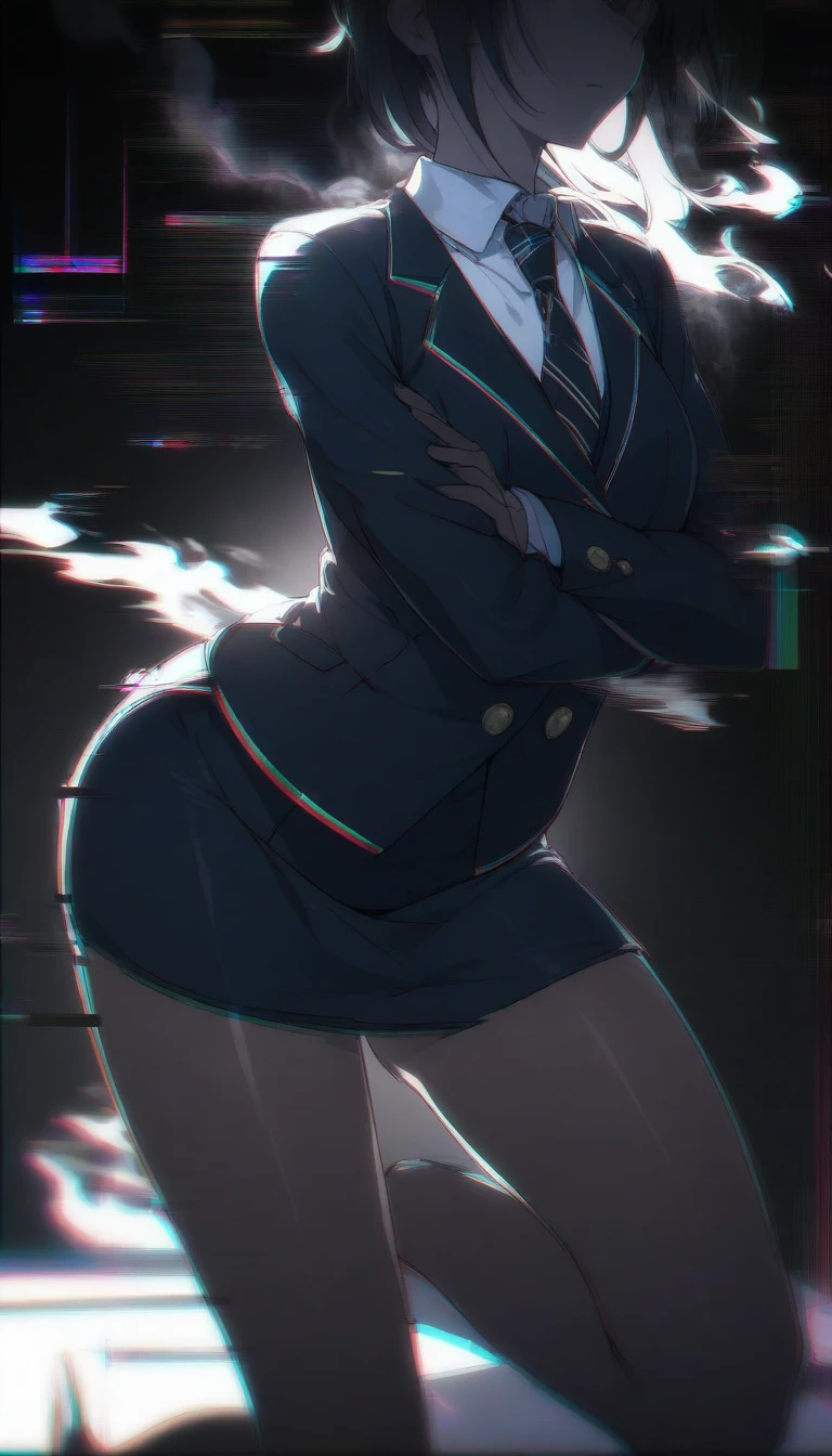 disembodied head,headless,((masterpiece), (best quality), Exceptional detail, solo,1girl,head on hips,serious, skirt suit, (((three-piece suit))), (((dress shirt))), (((necktie))), (((blazer))), (((suit jacket))), ((waistcoat)), double-breasted waistcoat, (((bodycon miniskirt))), stockings, pocket square, cufflinks, ,[standing:5],(kneeling one leg up),(leaning forward:0.8),crossed arms,elbow on hip,,smoke,dramatic lighting,hlpr,(glitch noise:1.2),chromatic aberration