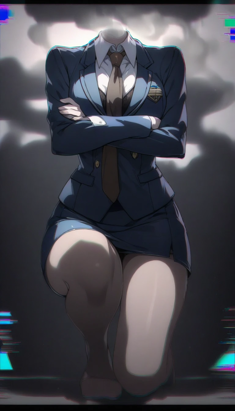 disembodied head,headless,((masterpiece), (best quality), Exceptional detail, solo,1girl,head on hips,serious, skirt suit, (((three-piece suit))), (((dress shirt))), (((necktie))), (((blazer))), (((suit jacket))), ((waistcoat)), double-breasted waistcoat, (((bodycon miniskirt))), stockings, pocket square, cufflinks, ,[standing:5],(kneeling one leg up),(leaning forward:0.8),crossed arms,elbow on hip,,smoke,dramatic lighting,hlpr,(glitch noise:1.2),chromatic aberration