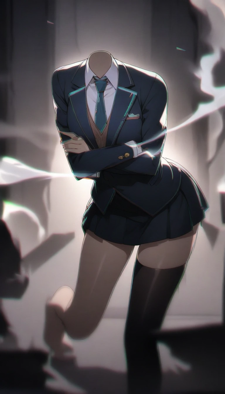 disembodied head,headless,((masterpiece), (best quality), Exceptional detail, solo,1girl,head on hips,serious, skirt suit, (((three-piece suit))), (((dress shirt))), (((necktie))), (((blazer))), (((suit jacket))), ((waistcoat)), double-breasted waistcoat, (((bodycon miniskirt))), stockings, pocket square, cufflinks, ,[standing:5],(kneeling one leg up),(leaning forward:0.8),crossed arms,elbow on hip,,smoke,dramatic lighting,hlpr,(glitch noise:1.2),chromatic aberration